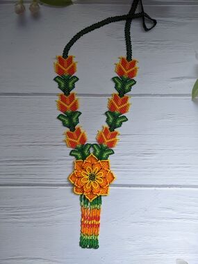Handcrafted Orange & Green Floral Beaded Necklace